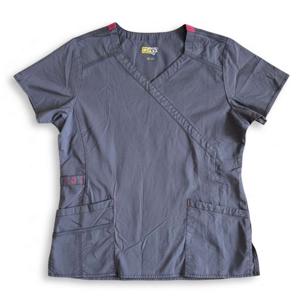 WonderWink WonderFlex Stretch Scrub Top Gray Pink Trim Utility Pockets Nurse M